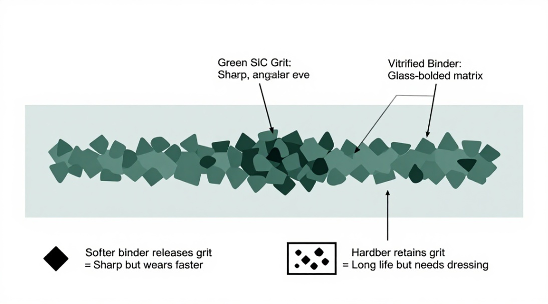 Diagram illustrating the internal composition of a vitrified-bond honing stone.