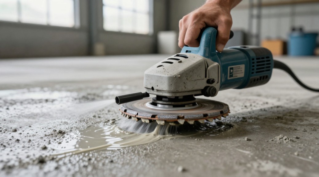 A single-head rotary grinder with diamond tooling performing a wet grind, with water creating a slurry to control dust and cool the tooling.