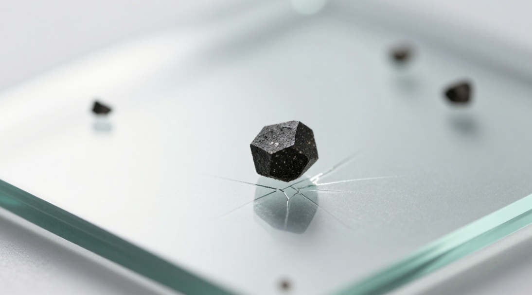 A silicon carbide grain acts as a micro-chisel, initiating controlled brittle fractures in glass for efficient material removal.