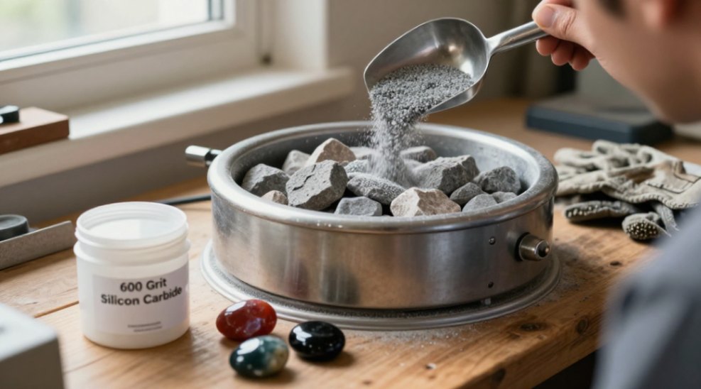 Strategic use of 600 grit powder transitions rocks from coarse to smooth, saving significant time.